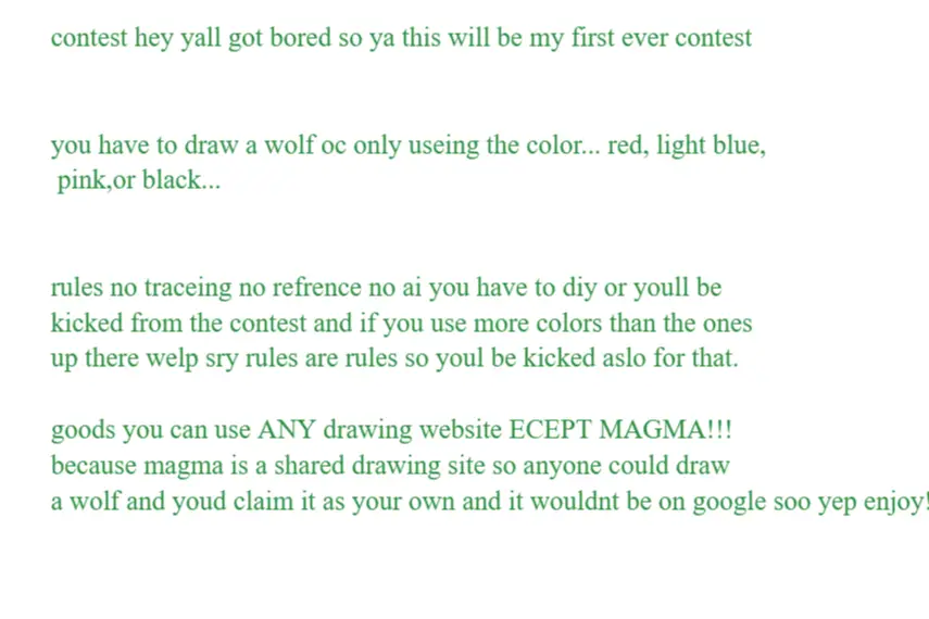 Drawing of PRIZES CONTEST WOLF OC check description created on DrawIsland